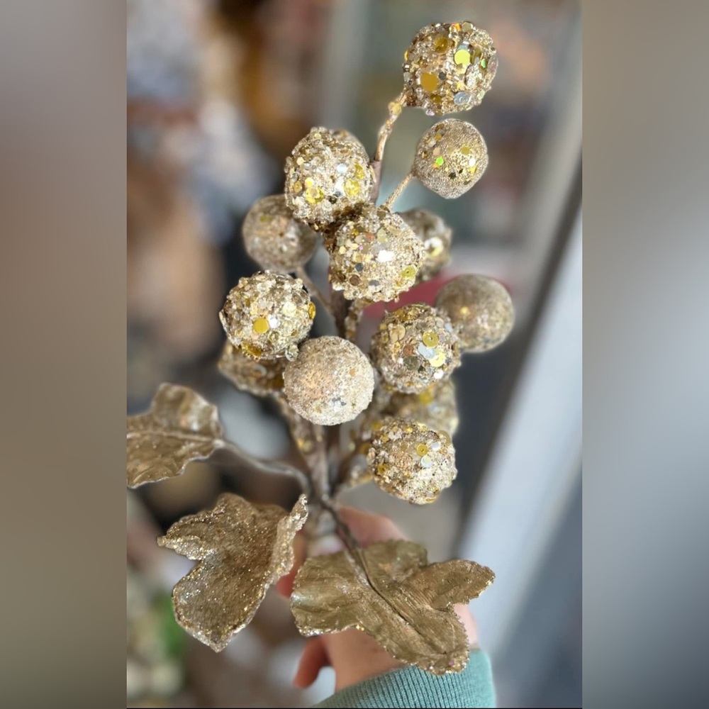 Gold Sequin Grapes Stems Pack 3 for Arrangements or Christmas Tree Decorations